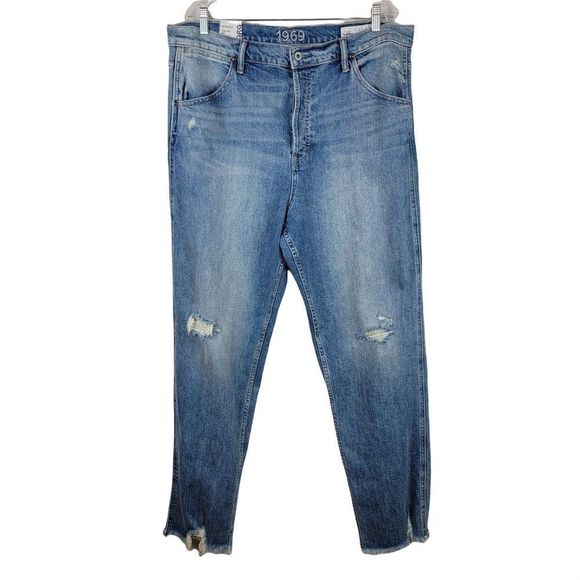1969 GAP Blue Medium Wash Distressed Wide Straight Button Fly Jeans 18/34 Tall